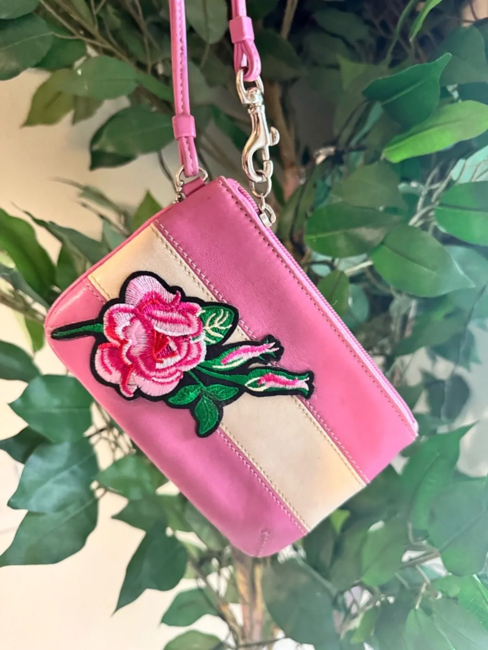 Rare Coach Pink Rose Appliqué Wristlet with Cream Stripe